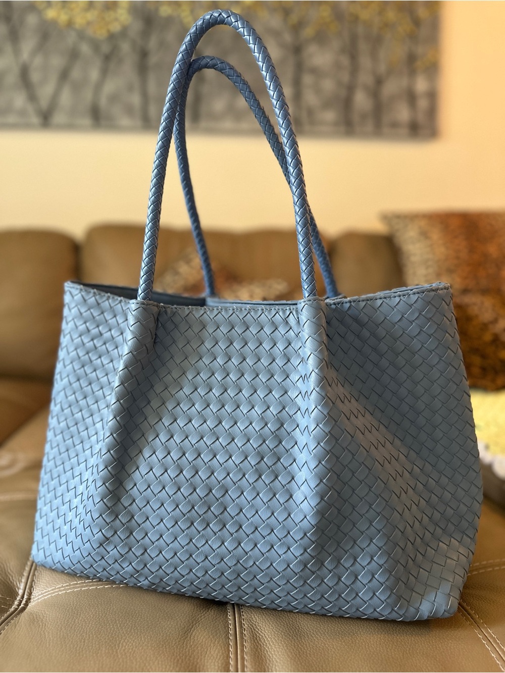 Light Blue Woven Tote Bag - Classic Women's Handbag